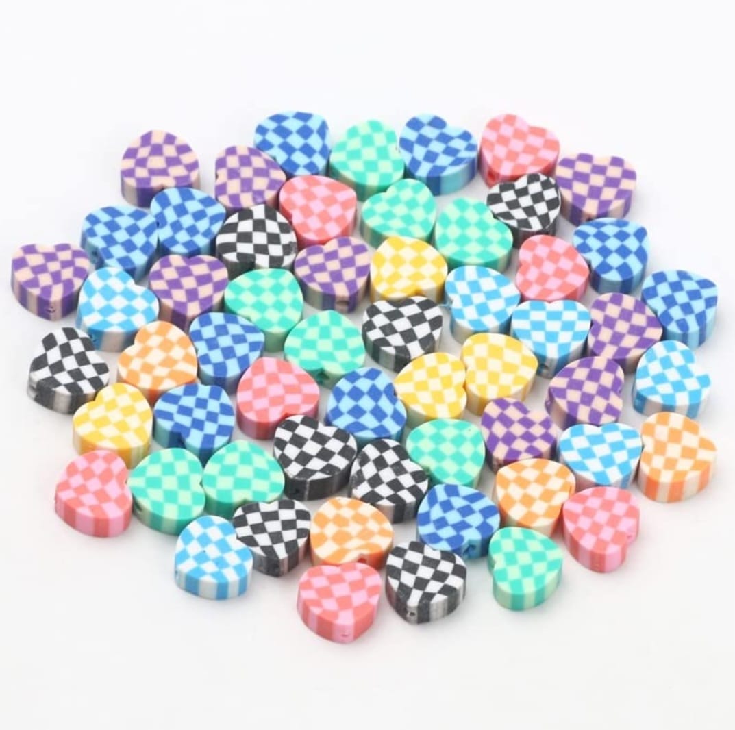 Polymer Beads - Multicolor Checks Heart
