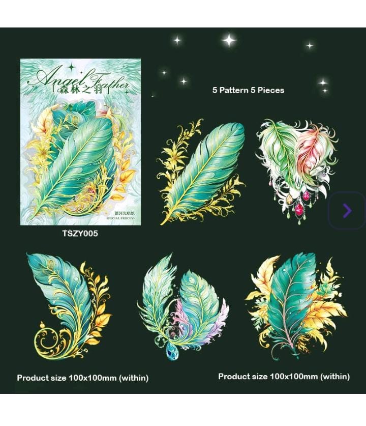 Green Angel Feathers Stickers - 5pcs