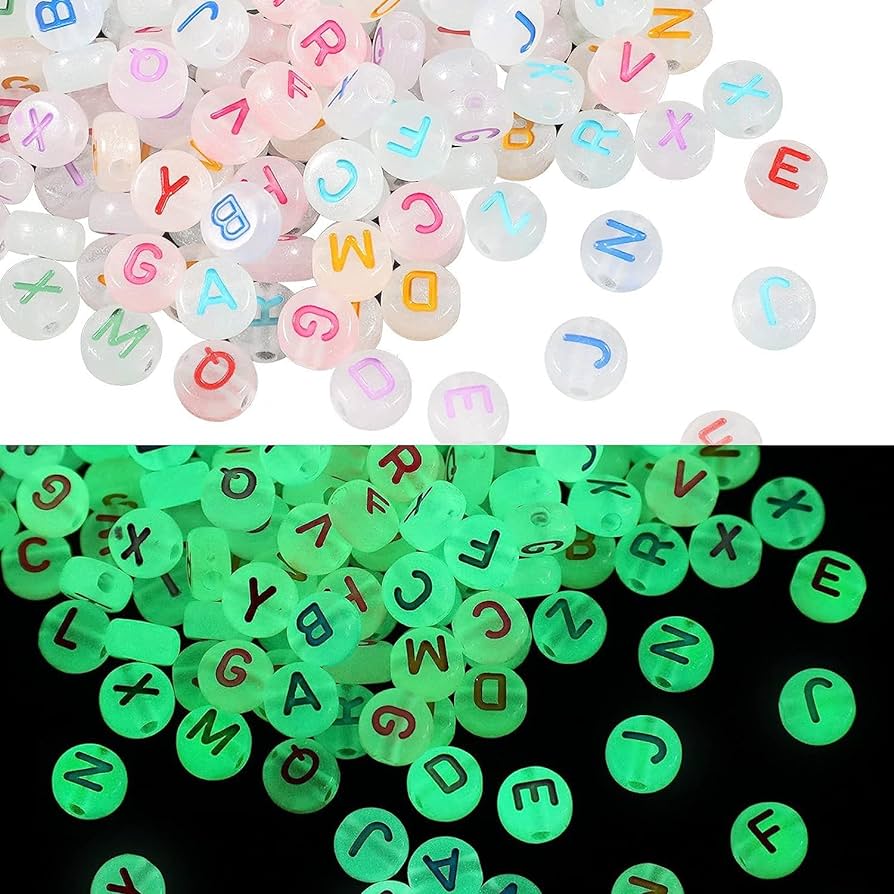 Glow In The Dark Alphabet Beads - Flat Round - 20g