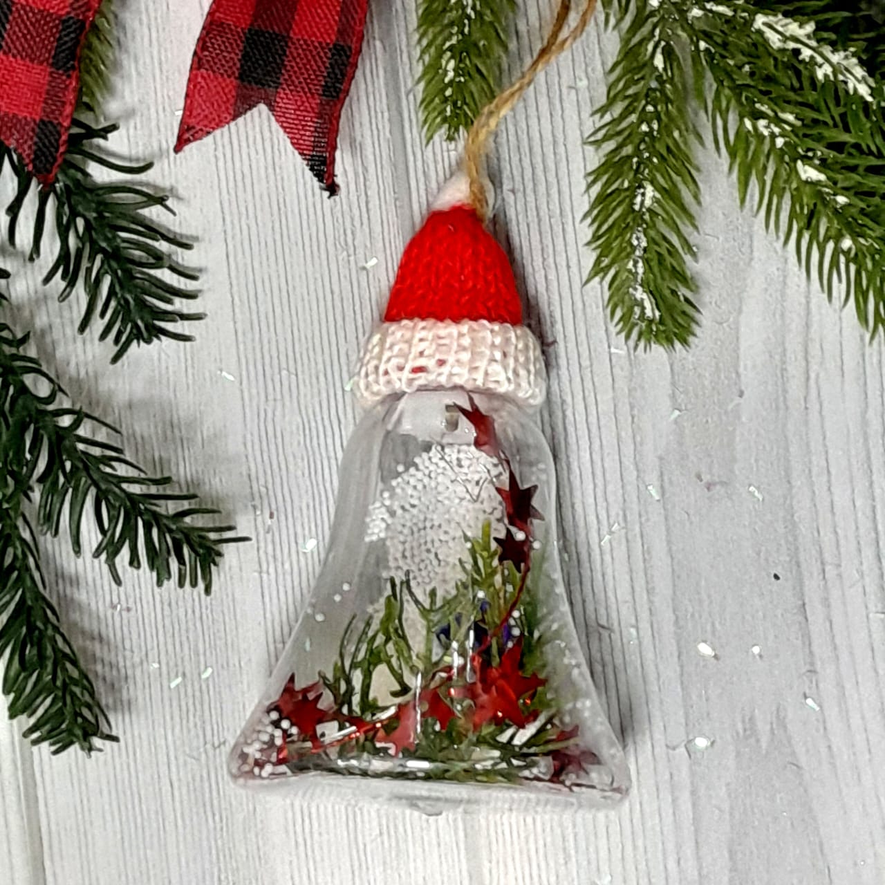LED Bell Ornament With Santa Cap - 6"