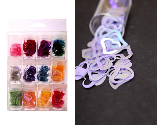 Open Heart Cut Shape Chunky Glitters | Holographic Bright Shades | Set of 12 Bestow Charms