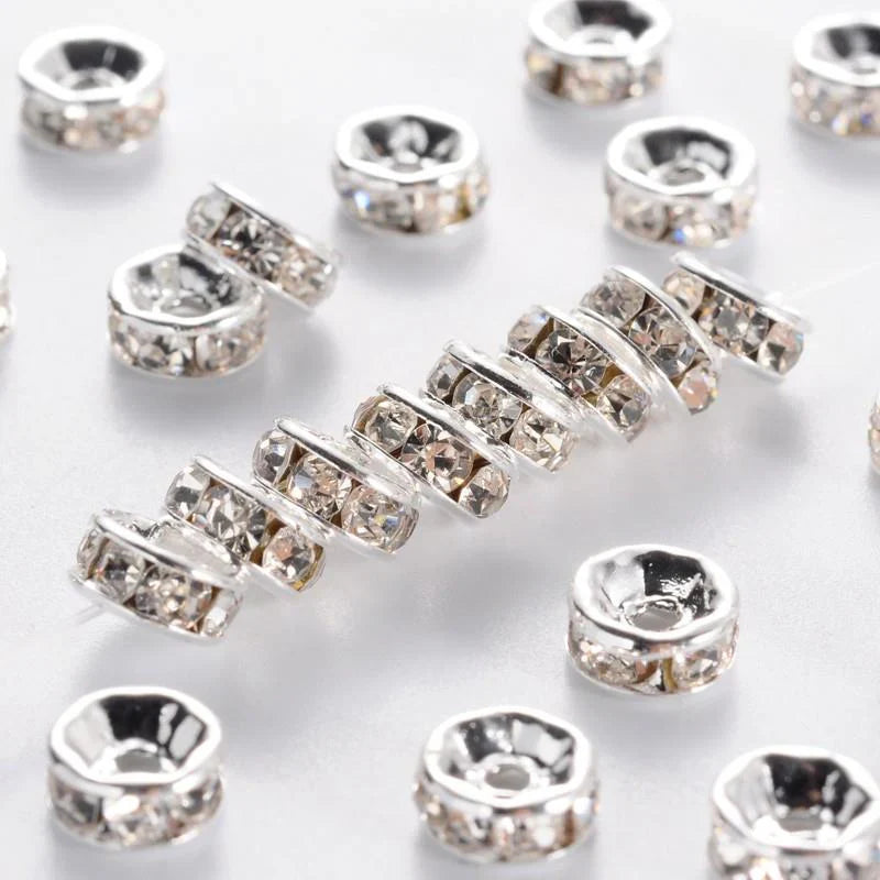 8mm Rhinestone Spacer Beads Silver - Set of 10