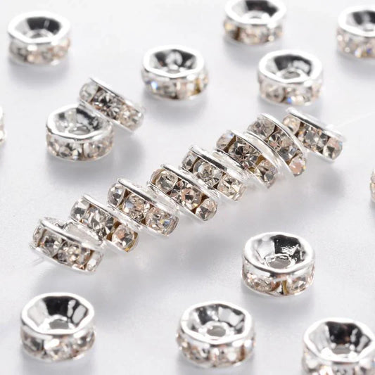 8mm Rhinestone Spacer Beads Silver - Set of 10